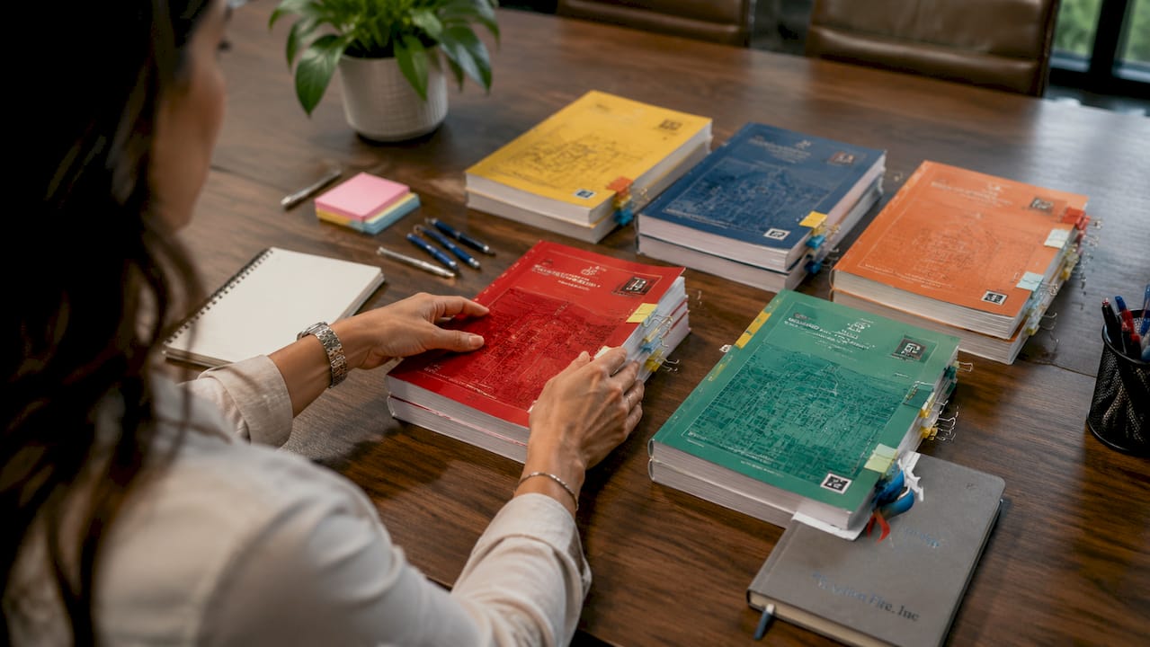 Hands organizing NFPA code documents on desk