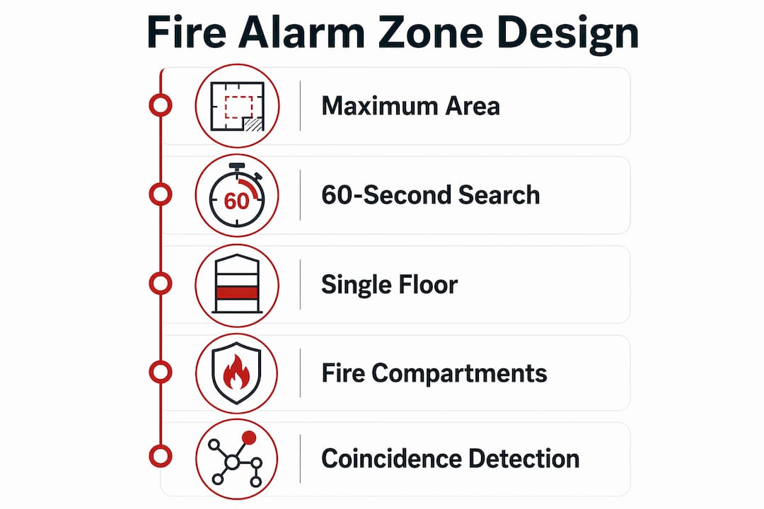 Infographic summarizing fire alarm zone design standards with key points