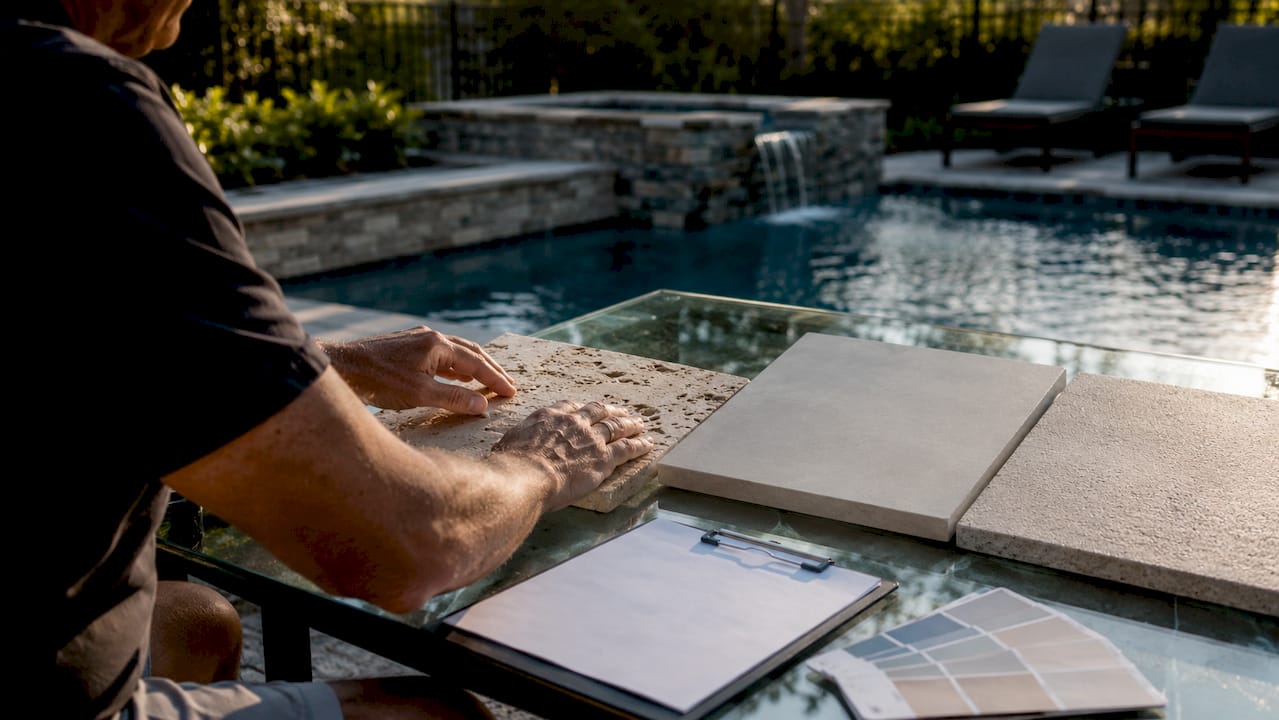 Close-up of pool patio material samples on table