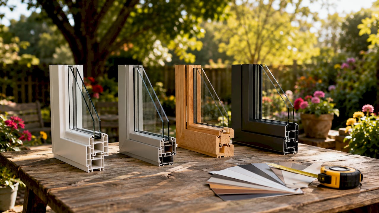 Overhead view of different window frame material samples