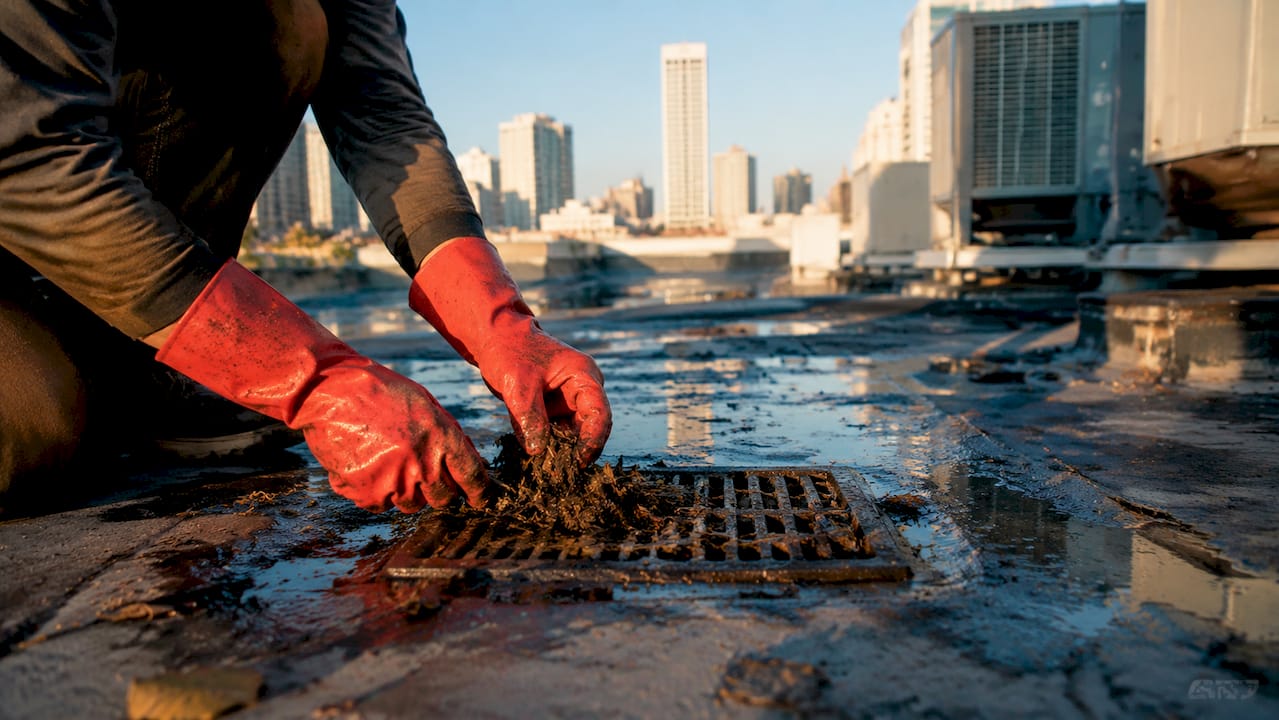 Hands cleaning debris from commercial roof drain
