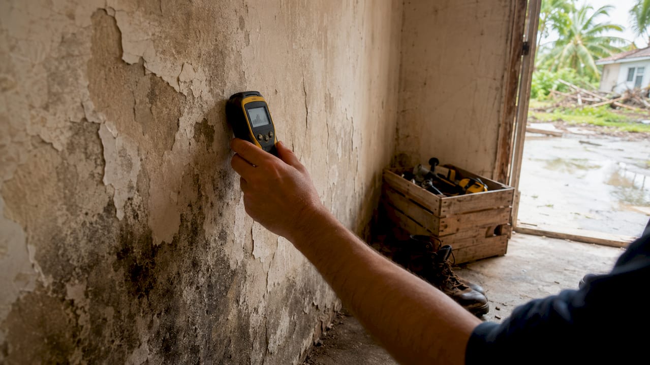 Close-up of moisture meter in storm damage inspection