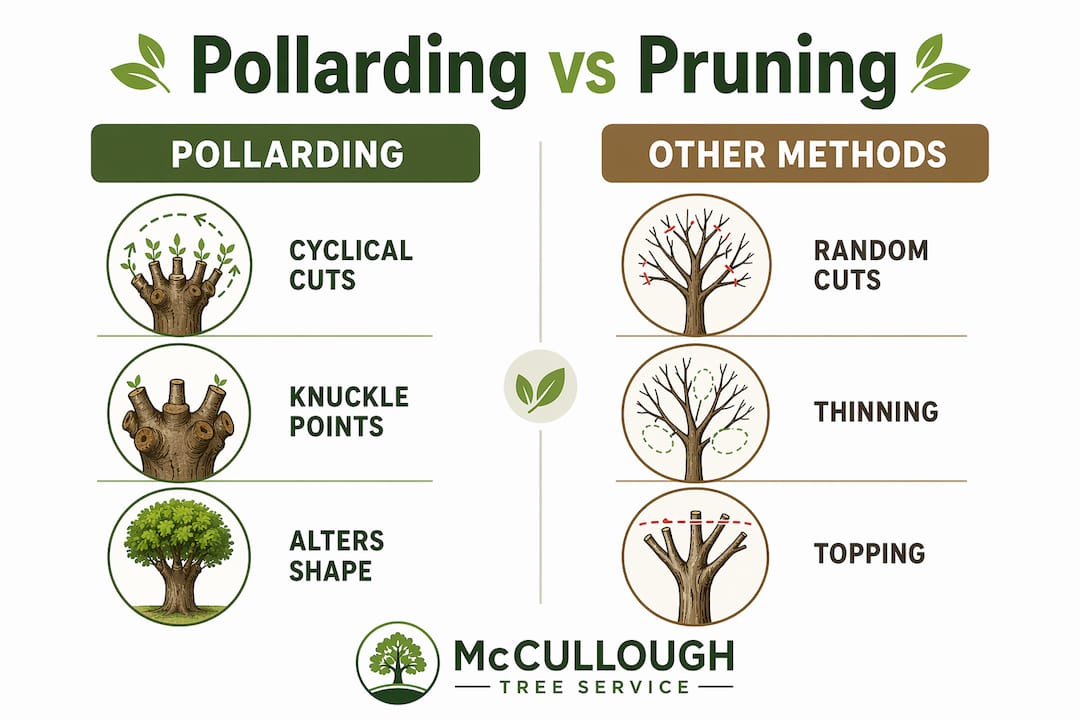 Comparison infographic of pollarding versus other pruning methods