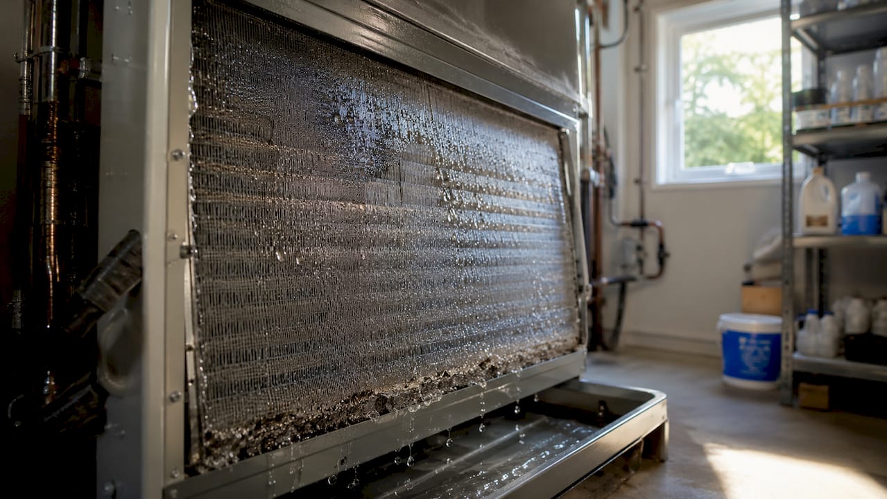 Close-up of AC evaporator coil with condensation