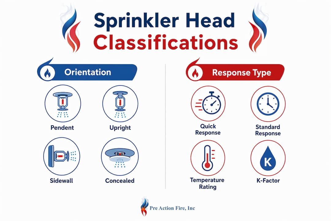 Infographic comparing sprinkler head orientation and response classifications
