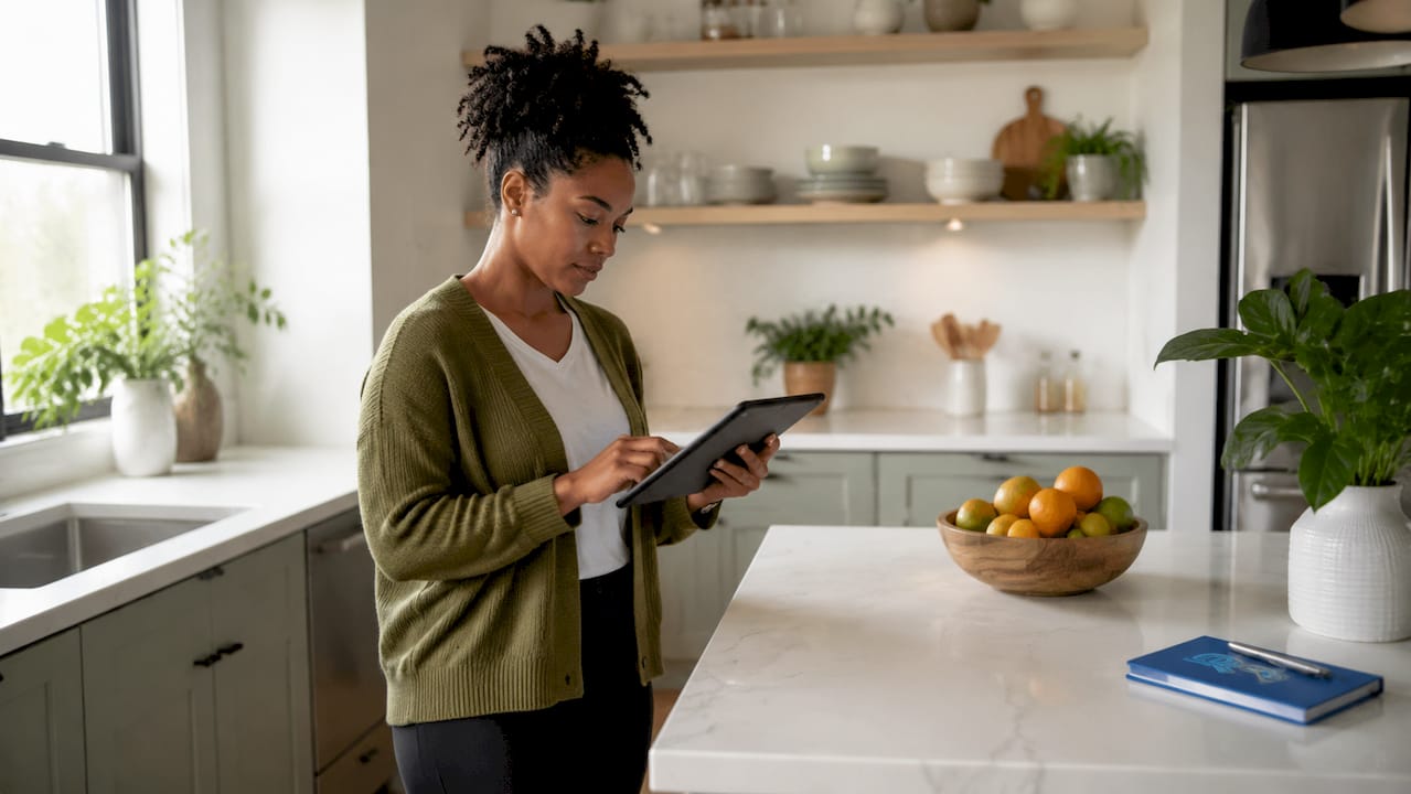 Contractor checking online reviews on tablet