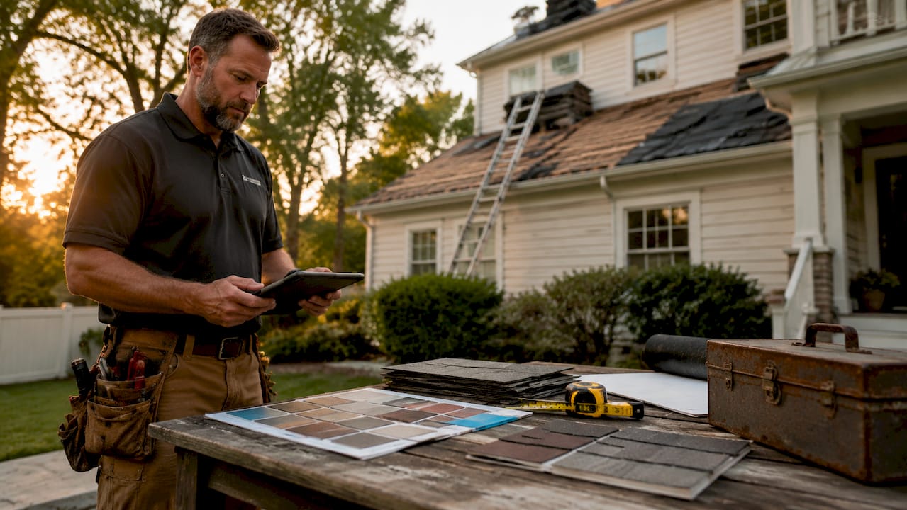 Close-up of contractor calculating roof replacement cost