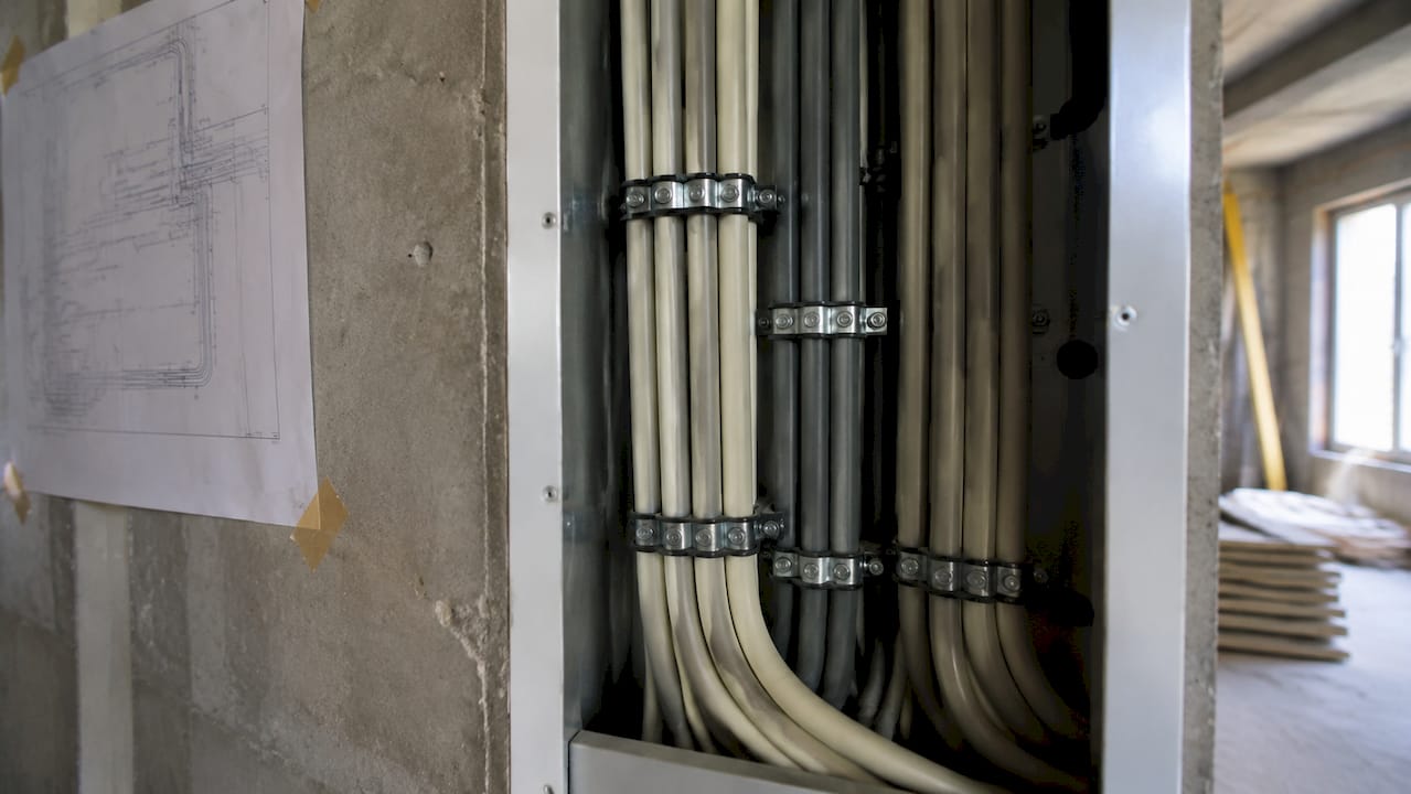 Close-up of fire-resistant cables in conduit