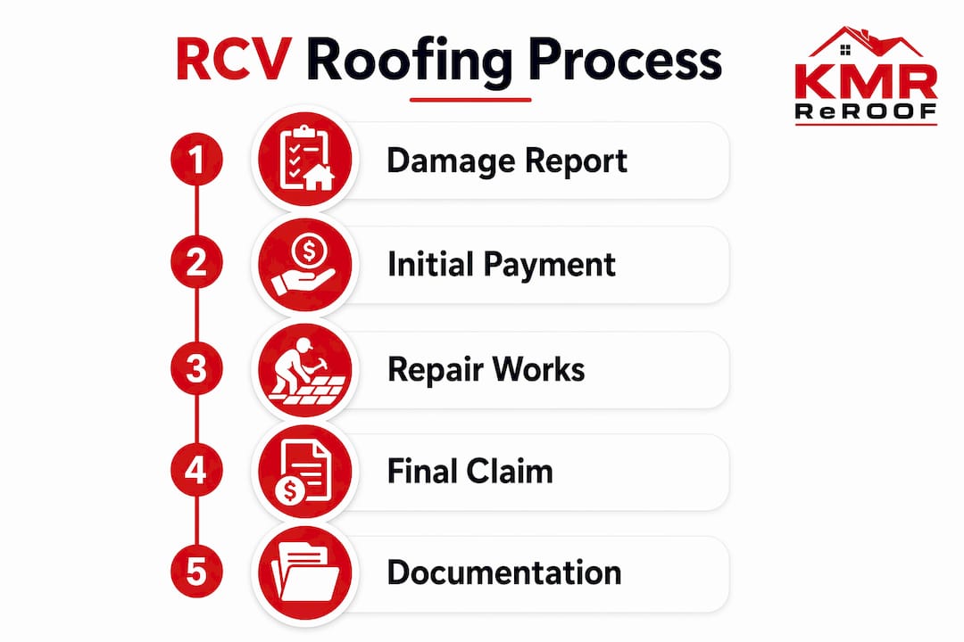 Infographic illustrating replacement cost roofing claim process