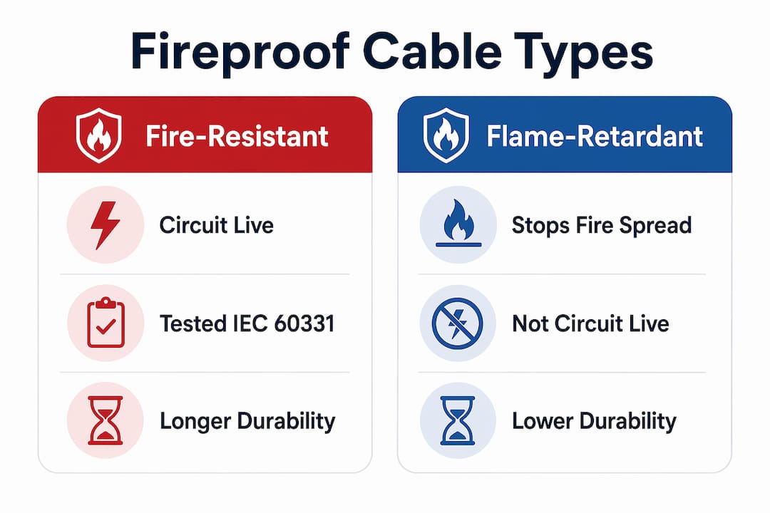 Infographic comparing fire-resistant and flame-retardant cables