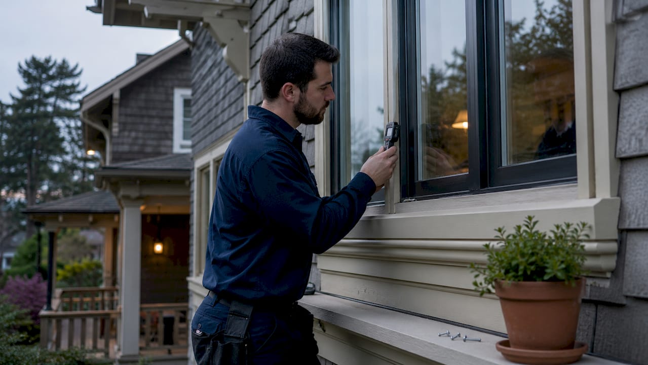 Window technician inspecting installation outdoors
