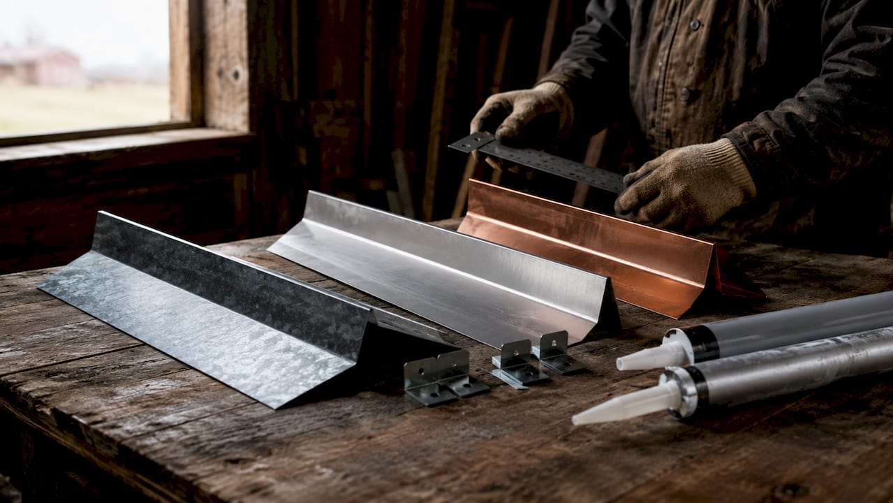 Close-up of roof flashing metal materials on workbench