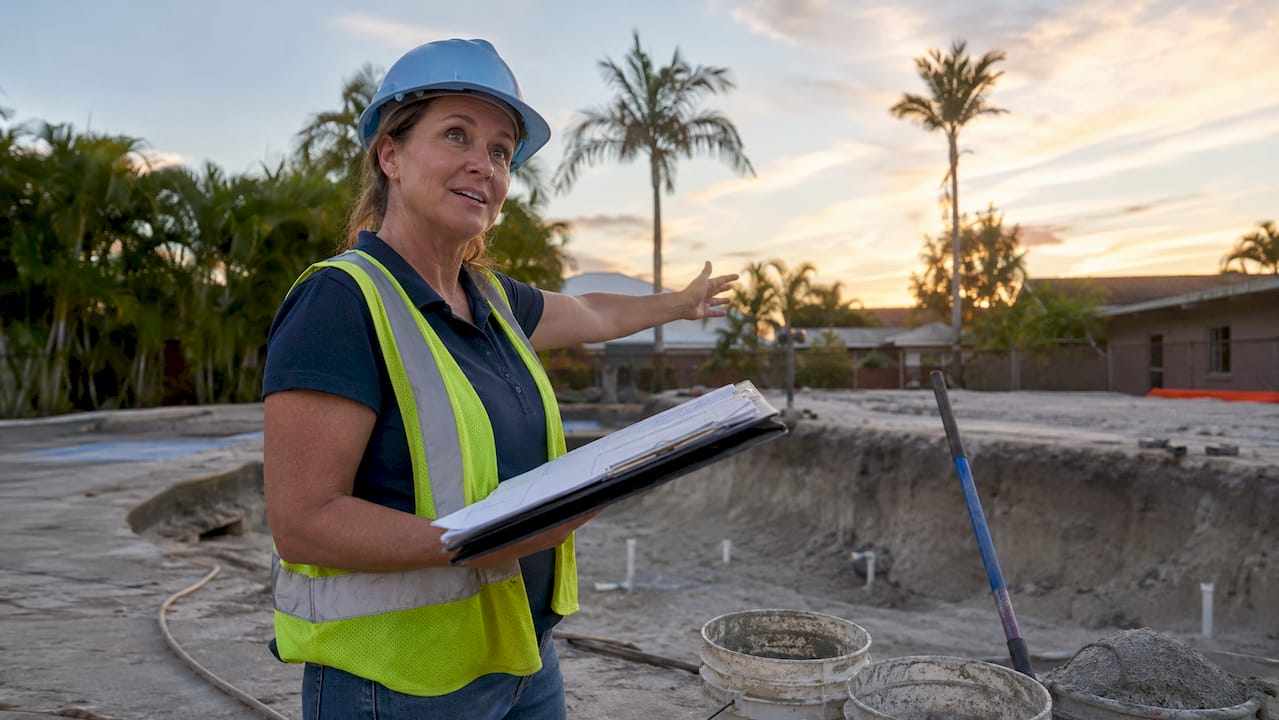 Pool contractor discussing site inspection