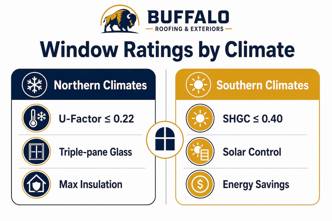 Infographic comparing window ratings for northern and southern climates