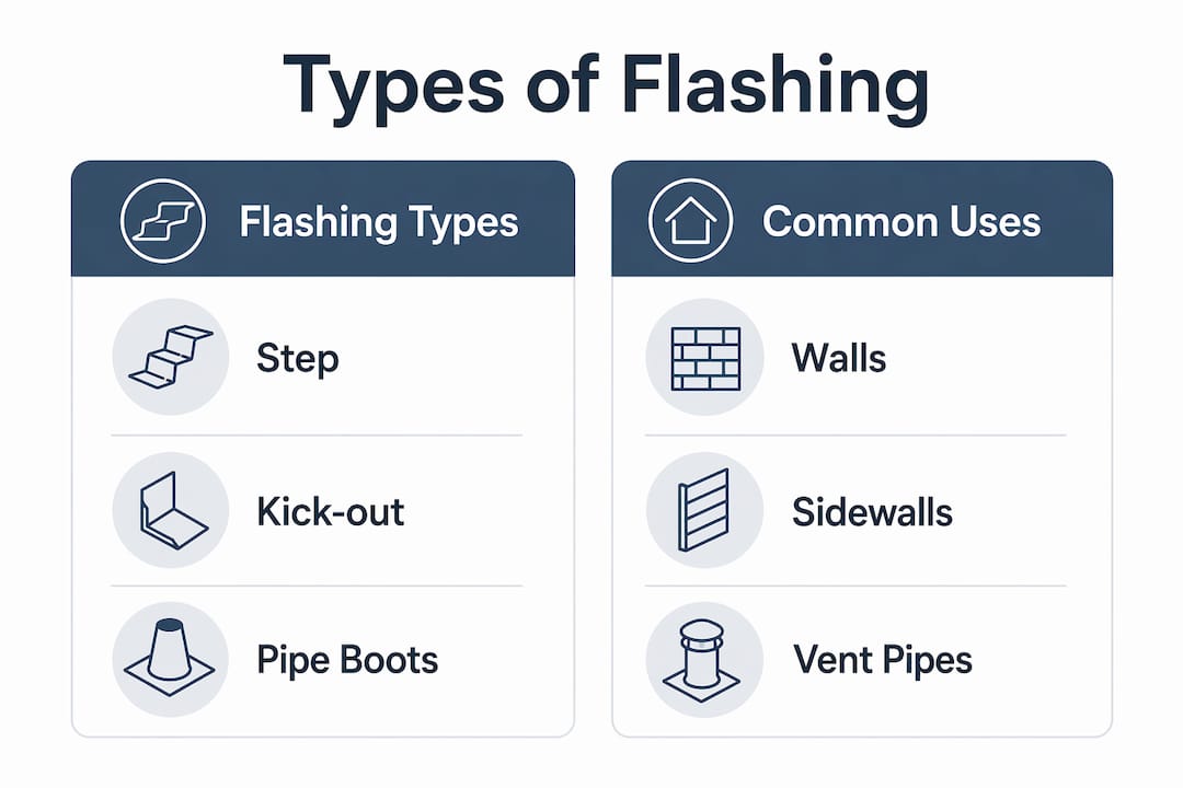 Infographic comparing roof flashing types and common uses