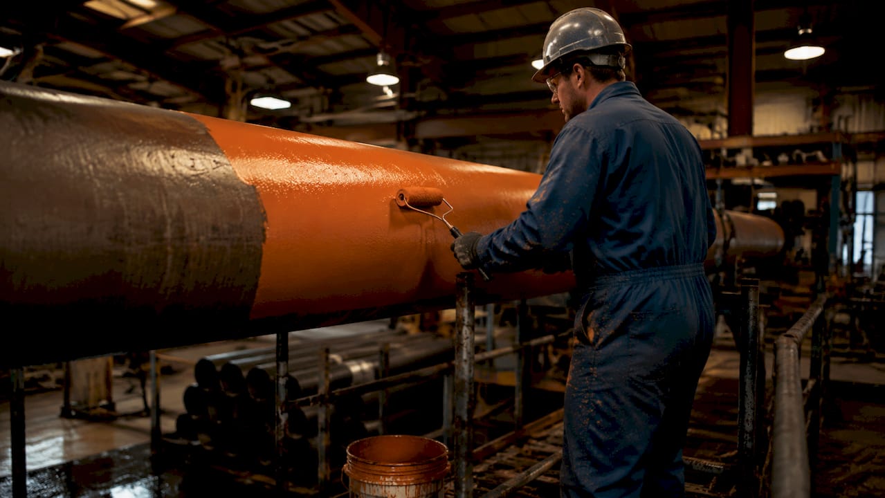 Technician applying protective coating on industrial pipe
