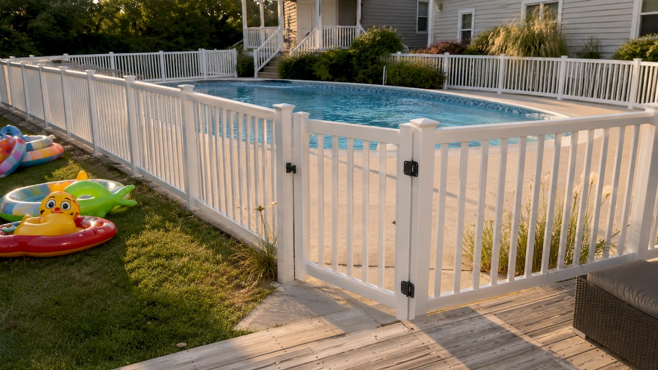 Four-sided fence with childproof gate around backyard pool