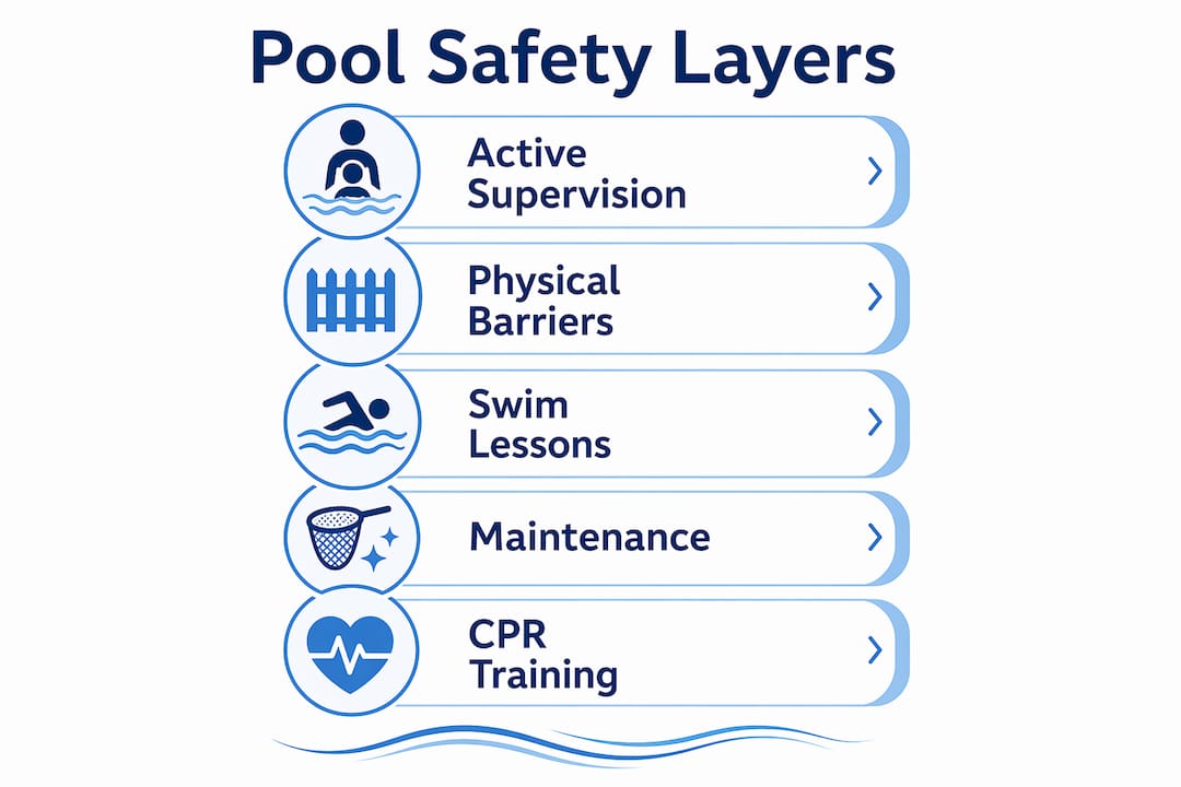 Infographic illustrating five key layers of pool safety