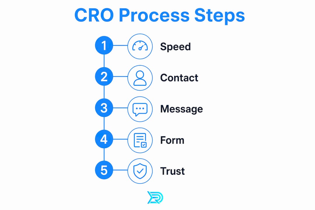 Infographic showing five key roofing website CRO process steps