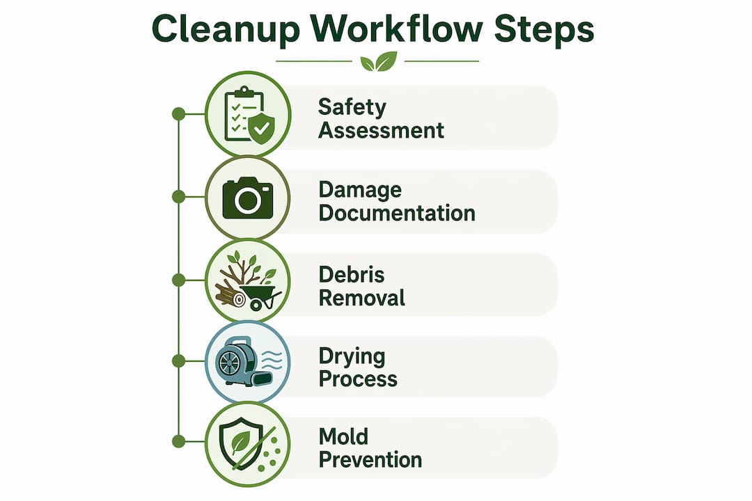 Storm Damage Cleanup Workflow for Central Florida 2 Infographic showing storm cleanup workflow steps