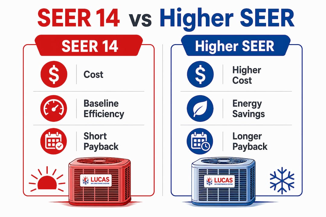 Infographic comparing SEER 14 with higher SEER ratings