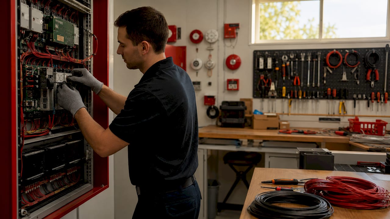 Technician wiring fire alarm SLC loop module