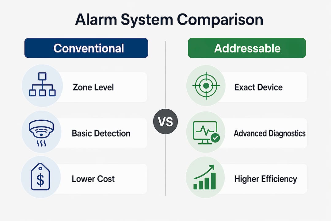 Infographic comparing conventional and addressable fire alarms