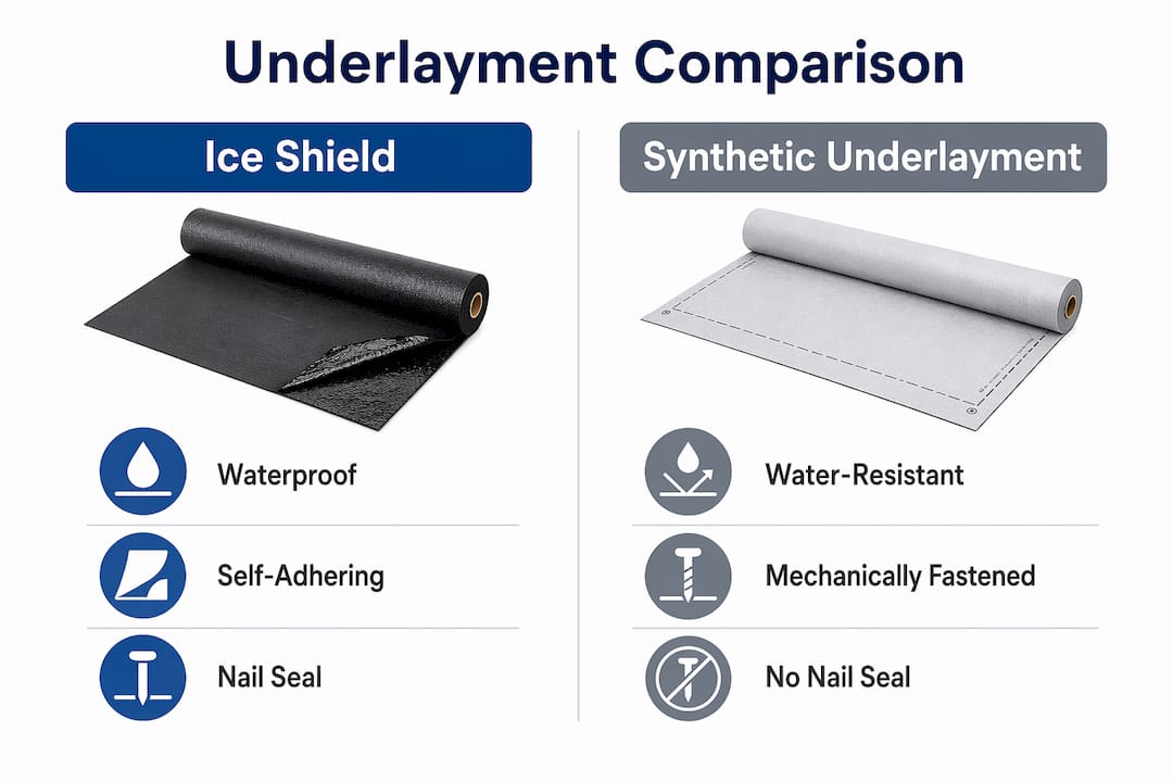 Comparison infographic of ice shield and synthetic roofing underlayment