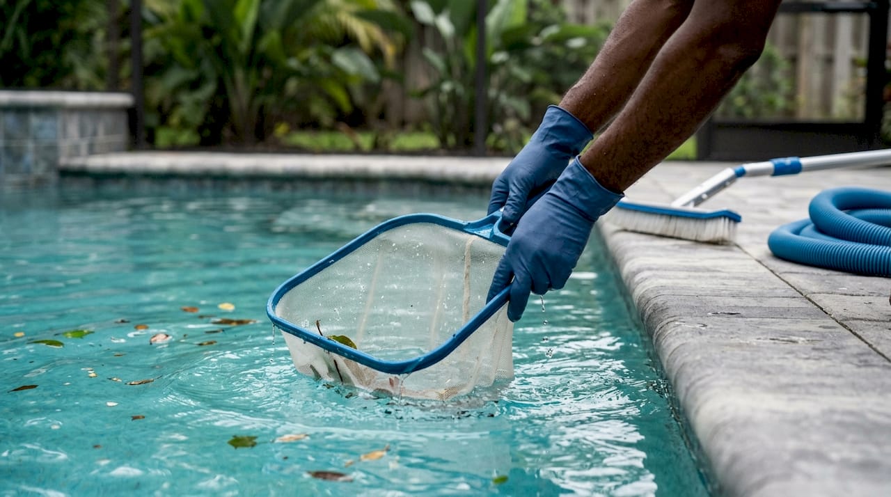 Hands skimming leaves from pool surface