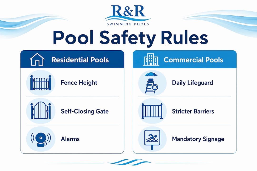 Infographic comparing residential and commercial pool safety rules