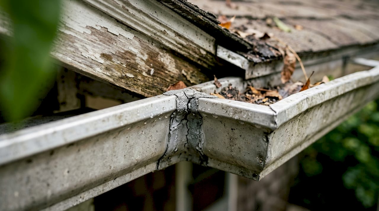 Close-up cracked sealant on gutter joint