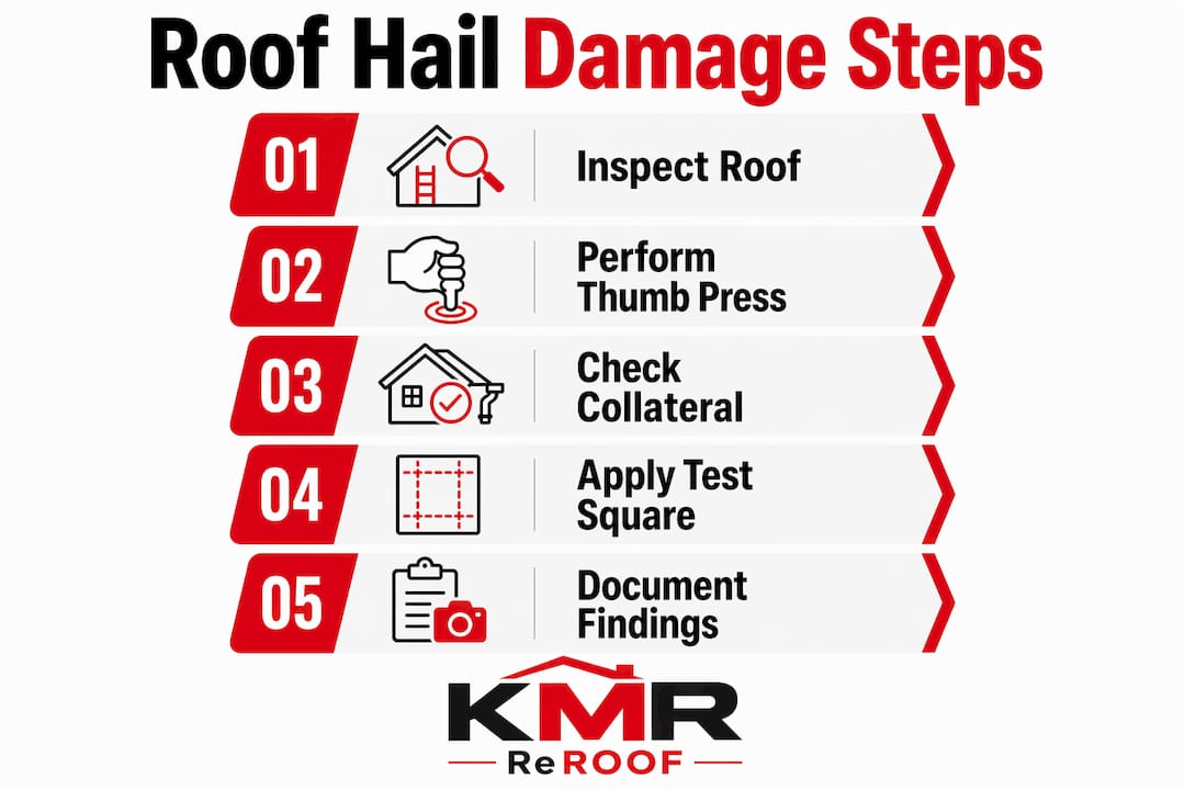Infographic illustrating steps for roof hail damage inspection