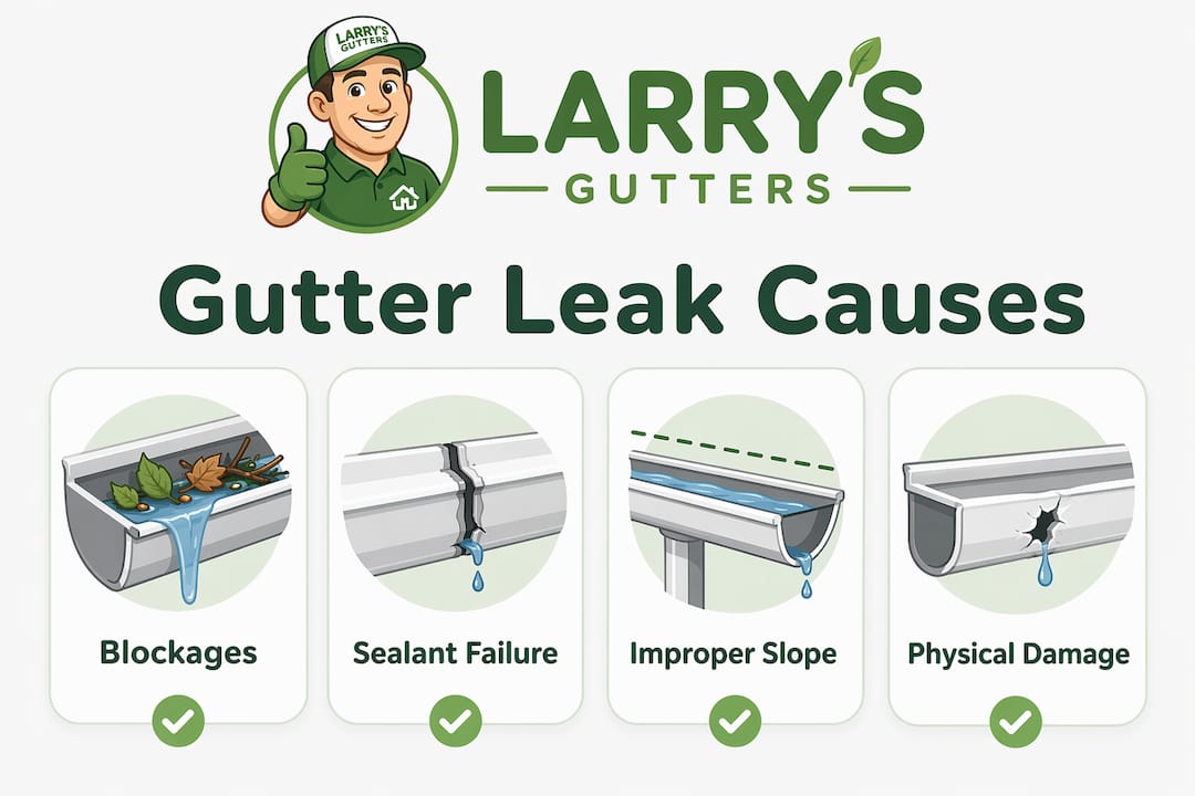 Infographic summarizing common gutter leak causes