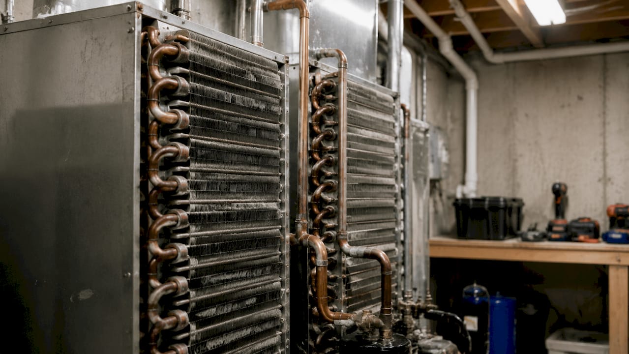 Close-up of evaporator and condenser coils
