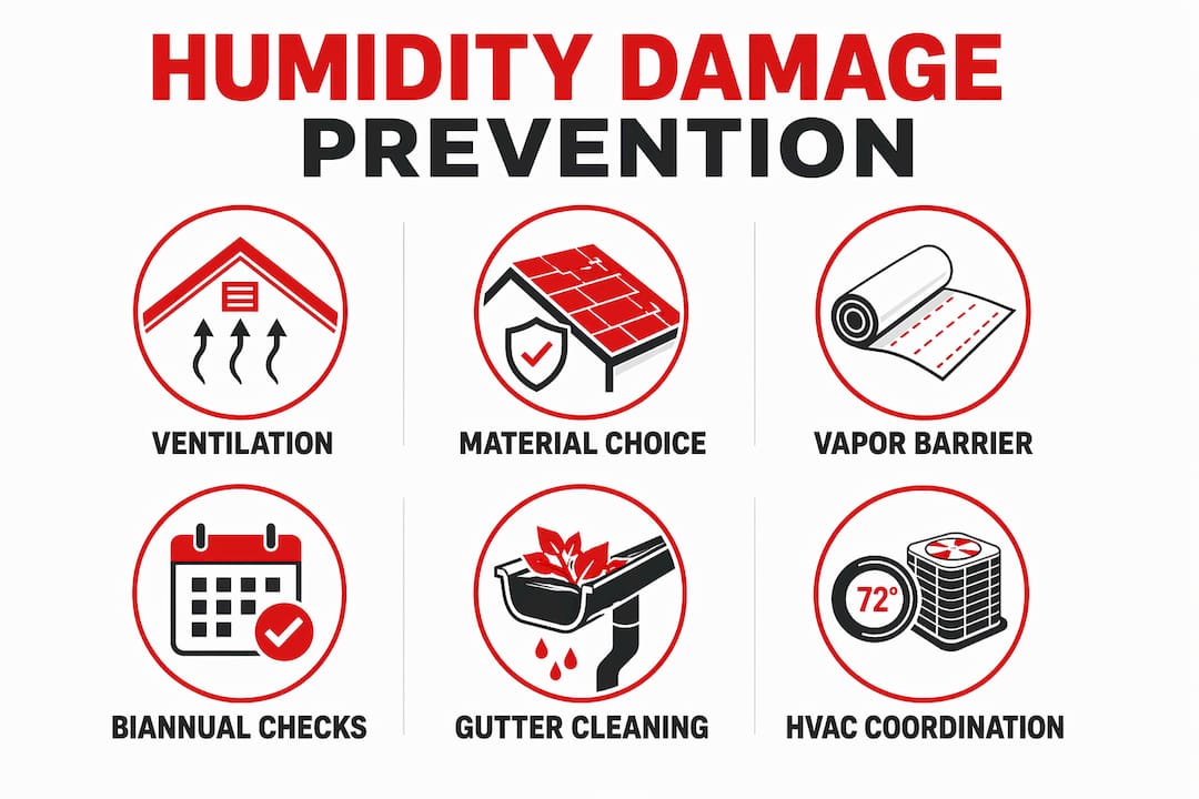 Infographic showing six steps to prevent roof humidity damage