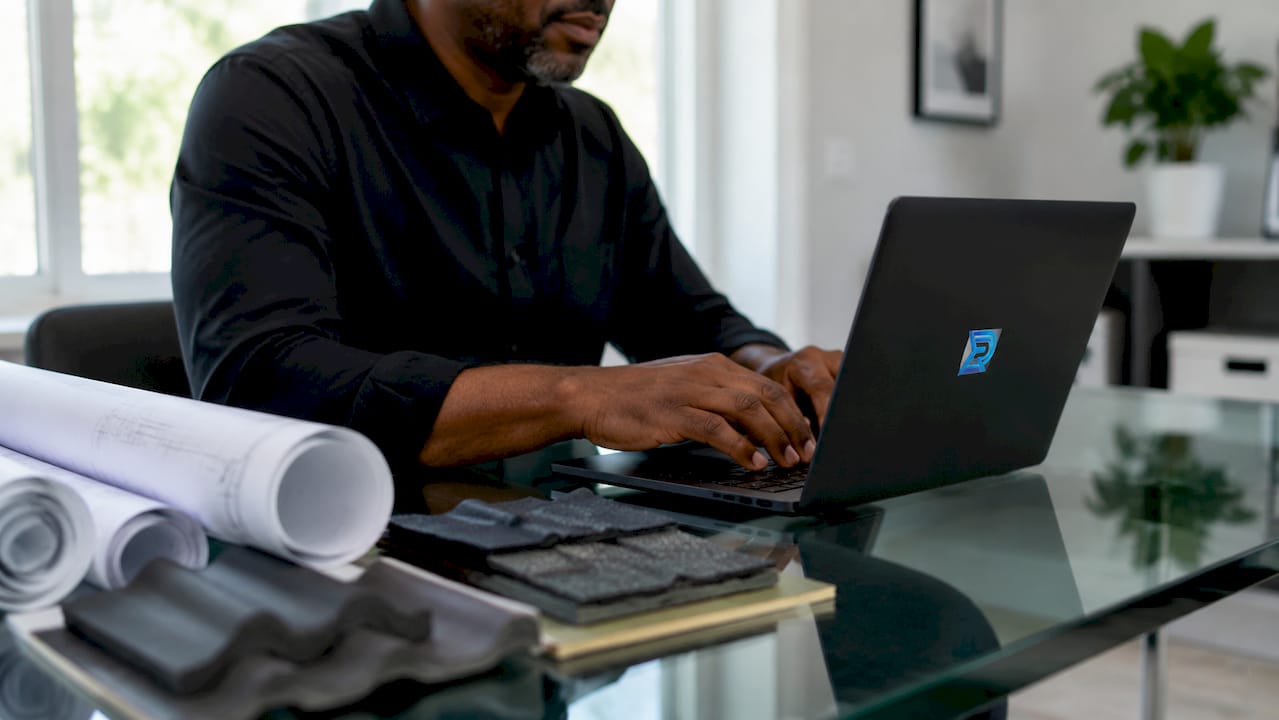 Contractor hands typing on laptop keyboard