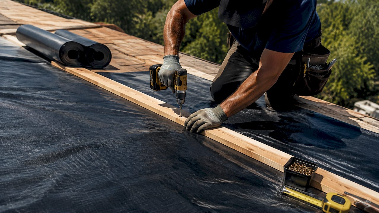 Roofer fastening tarp with battens on roof decking