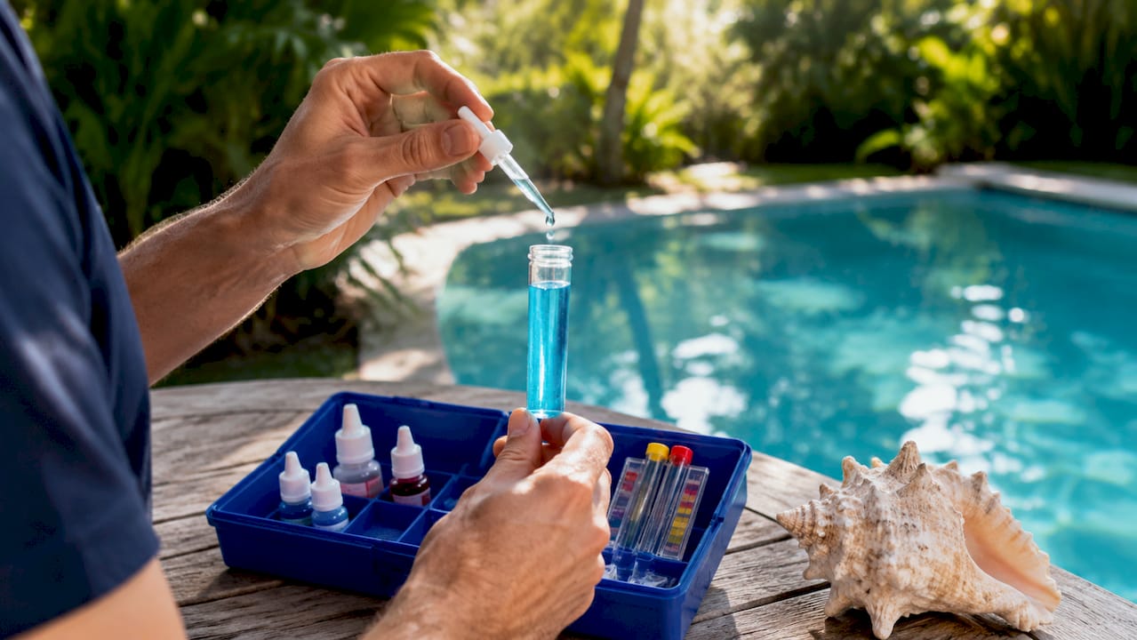 Hands adding reagent to pool water sample vial for alkalinity testing