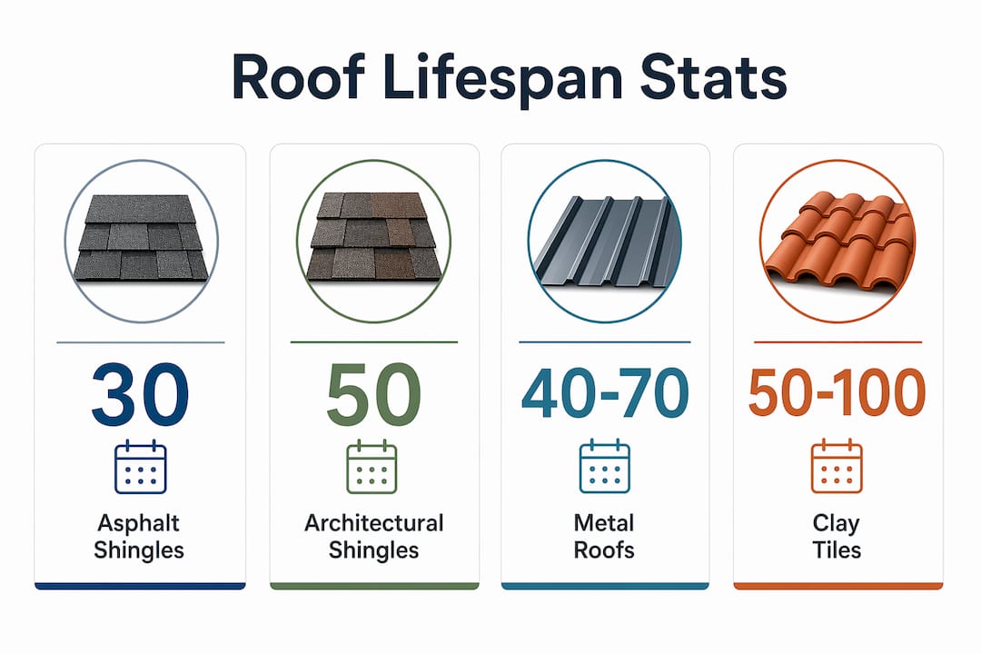 Infographic showing roof lifespan statistics by material