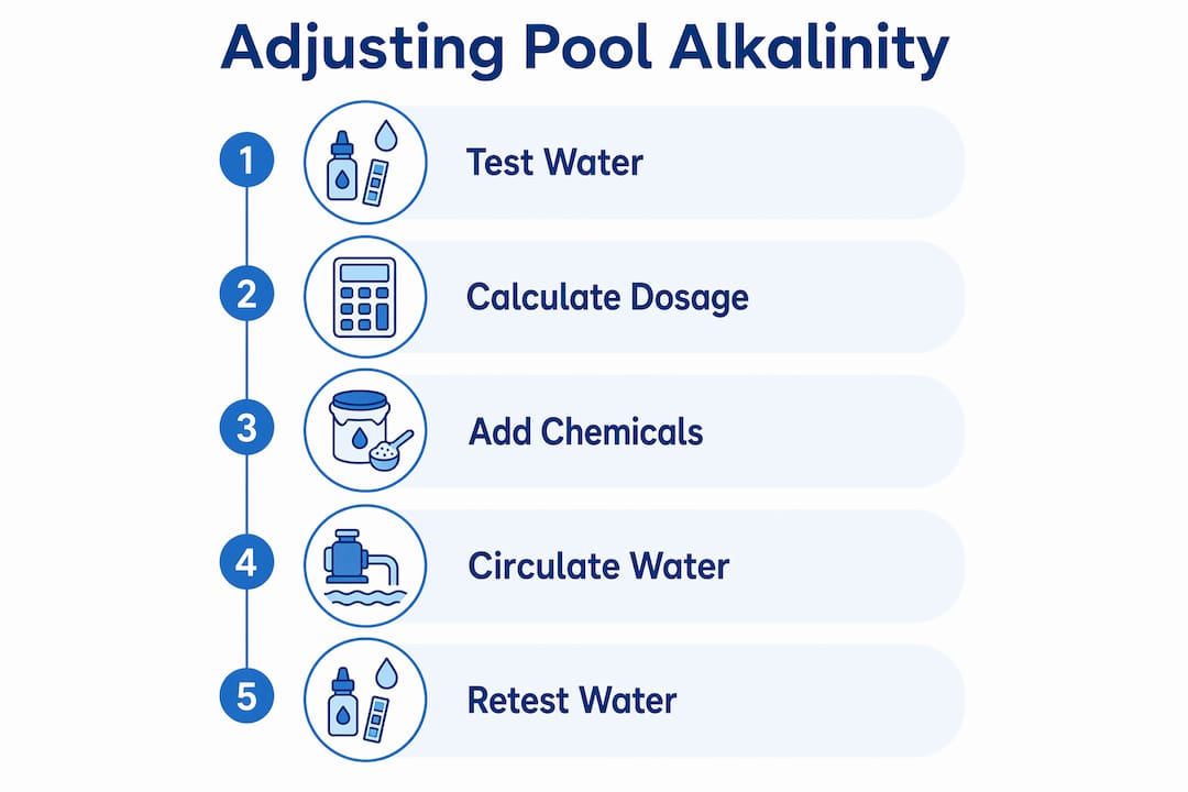 Infographic showing step-by-step pool alkalinity adjustment process