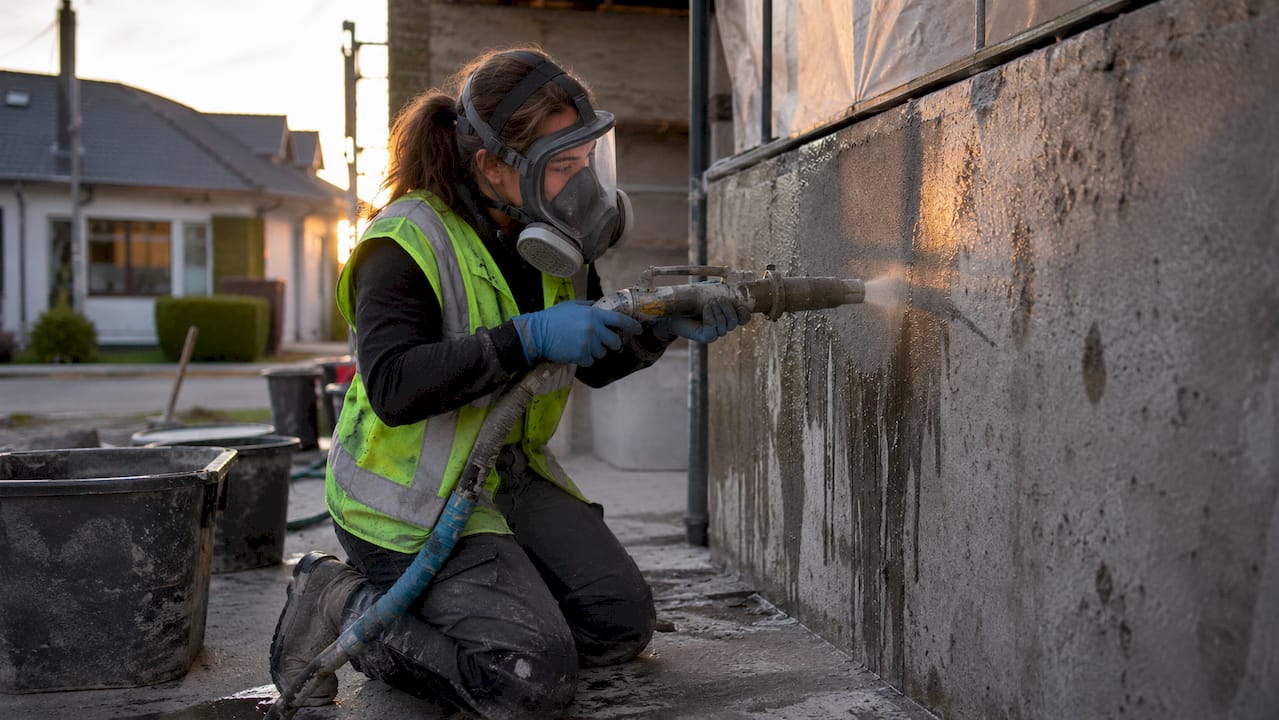 Worker using dustless blasting on concrete wall