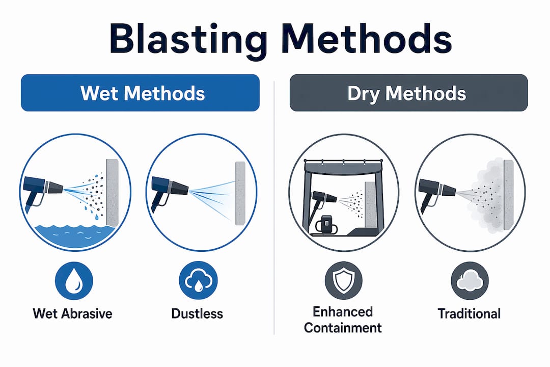 Infographic comparing wet and dry environmental blasting methods