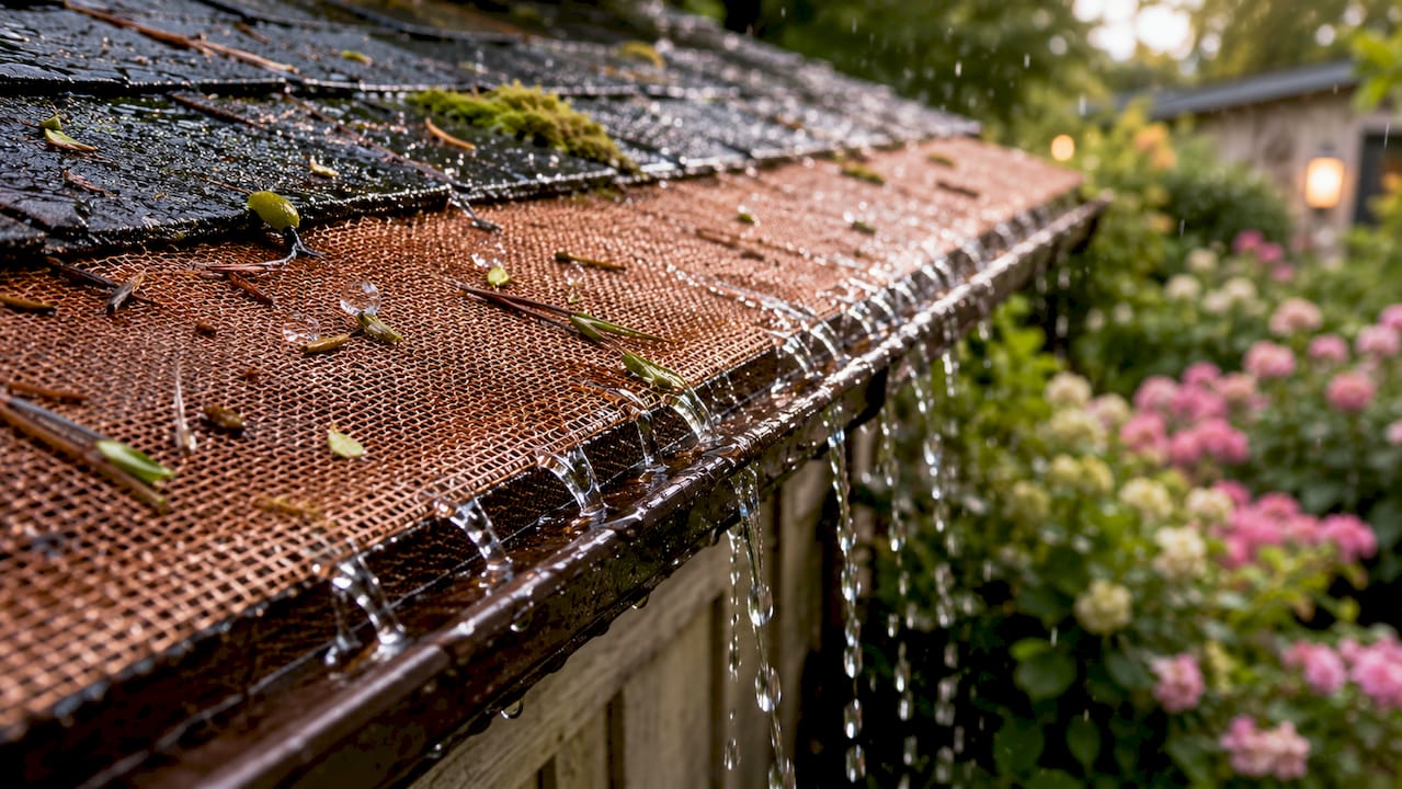 Rainwater passing through gutter filtration fabric