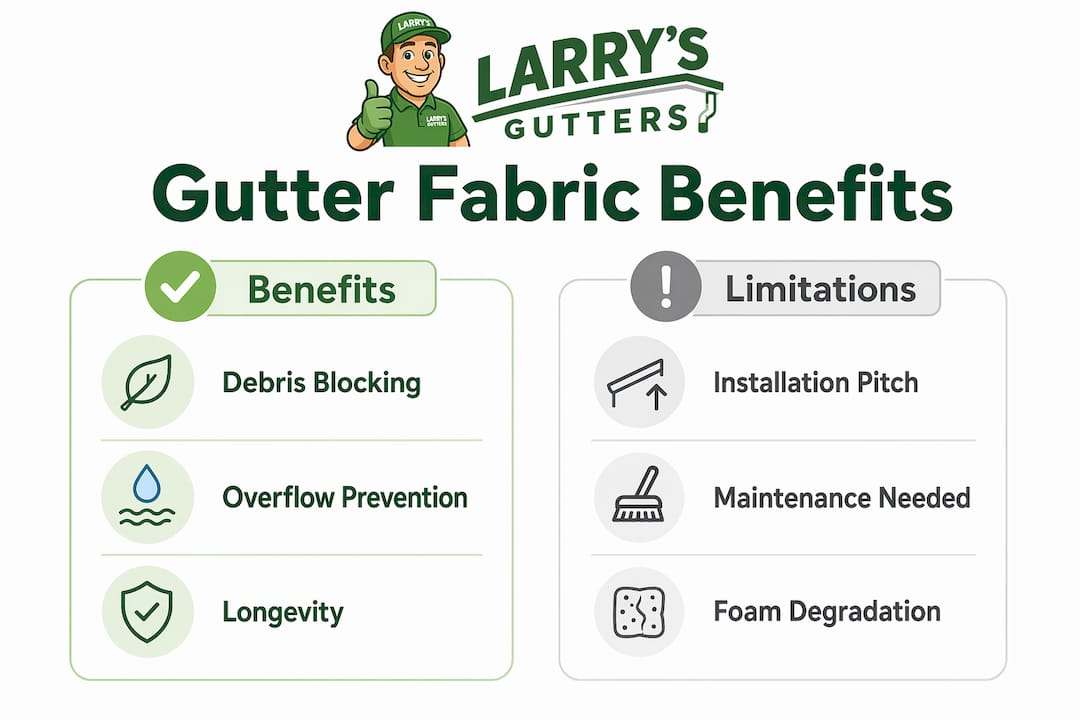 Infographic showing benefits and limitations of gutter filtration fabric