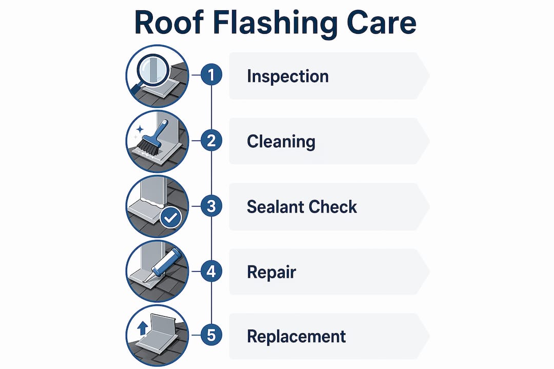 Infographic illustrating roof flashing maintenance steps