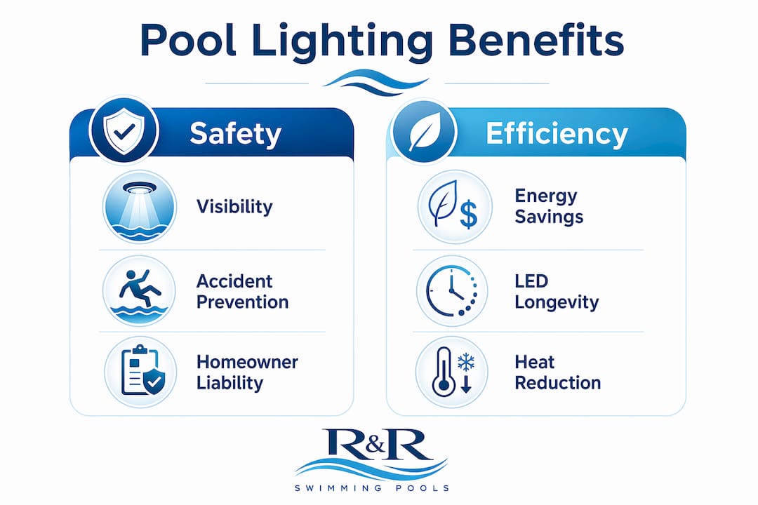 Infographic comparing safety and efficiency benefits of pool lighting