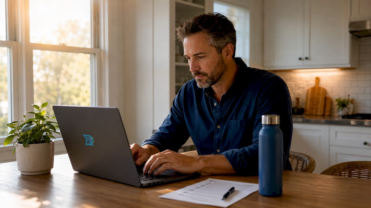 Contractor typing on laptop at home desk