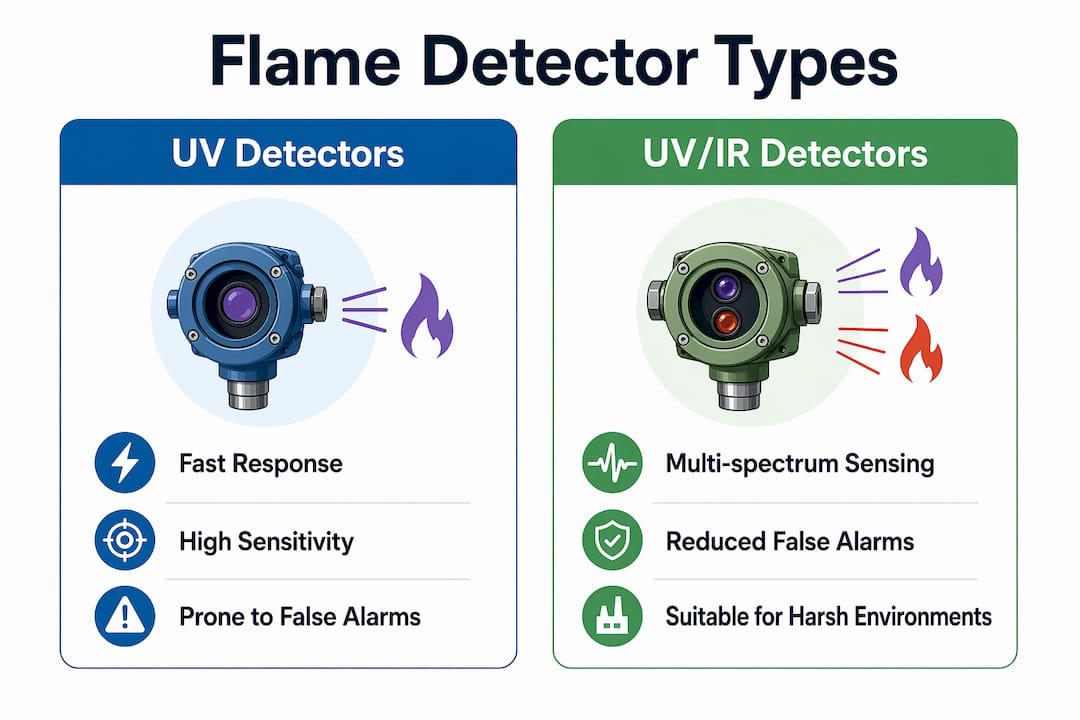 Infographic comparing UV and UV/IR flame detectors
