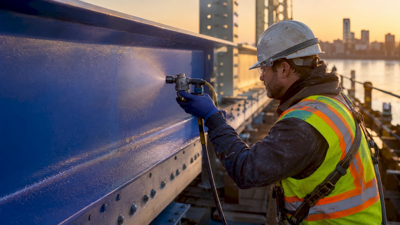 Technician applying fluoropolymer coating on steel beam.