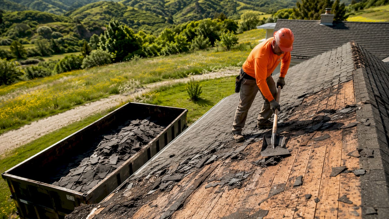 Roofing contractor removing old shingles on roof